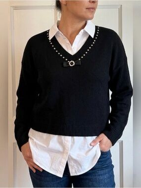 Layered Black V-Neck Sweater with Bow and Rhinestone Trim - NWOT - Size